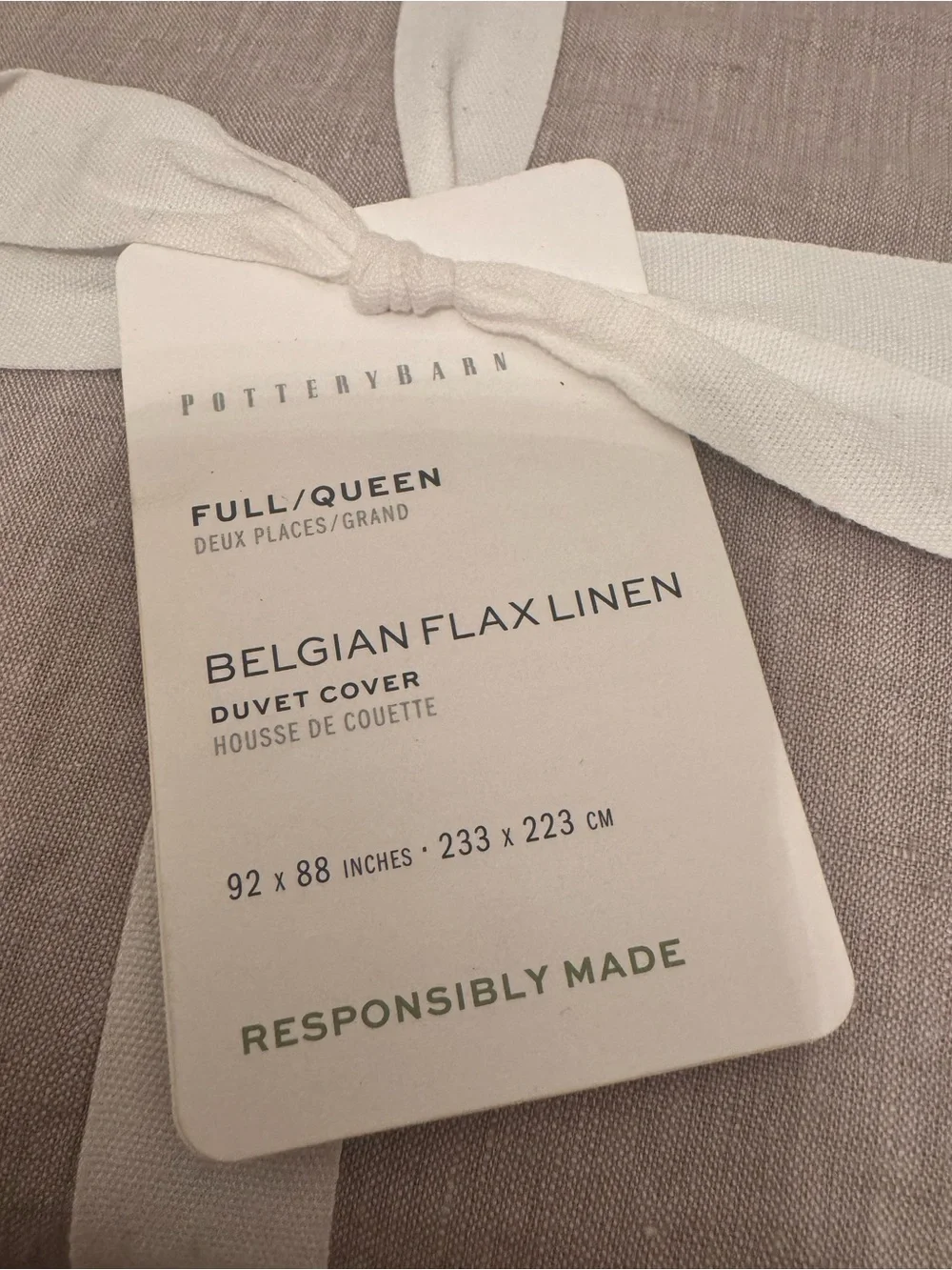 Pottery Barn Belgian Flax Linen Duvet Cover Full/Queen 92x88” Grey NWT